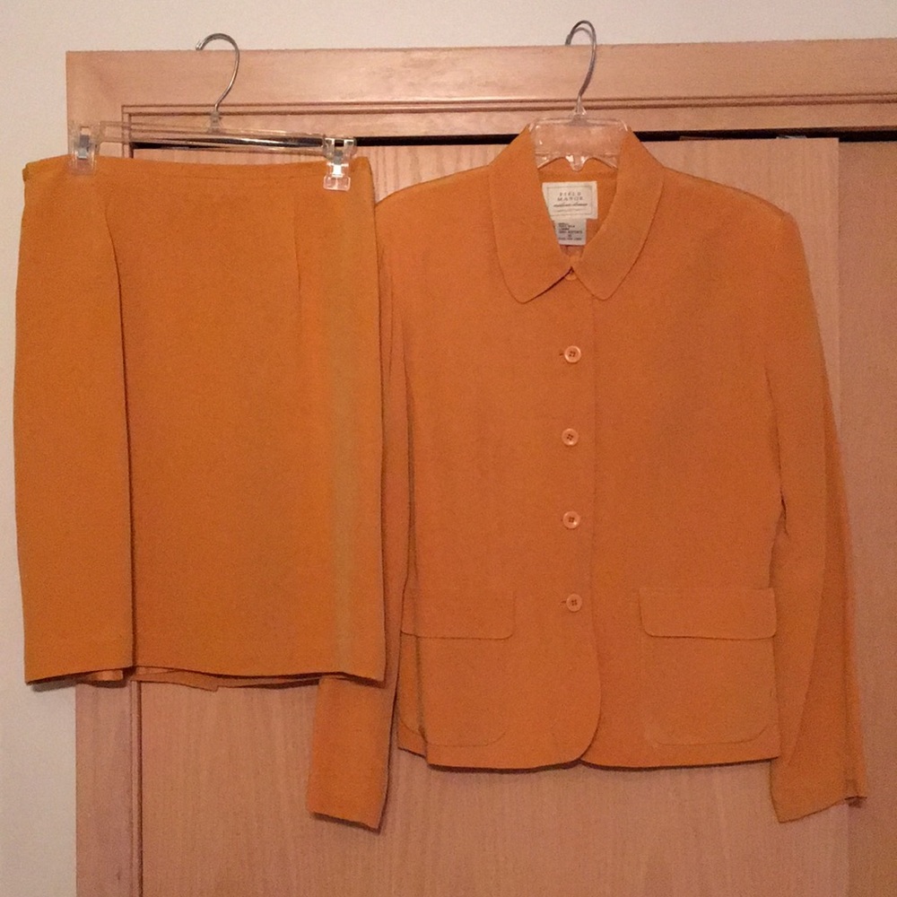 Mustard yellow orange silk suit skirt and jacket